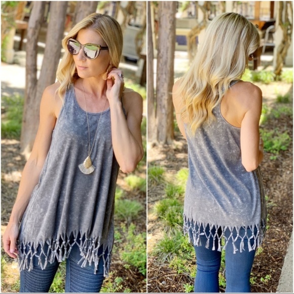Infinity Raine Tops - LAST ONE Charcoal Acid Wash Fringe Racer Back Tank